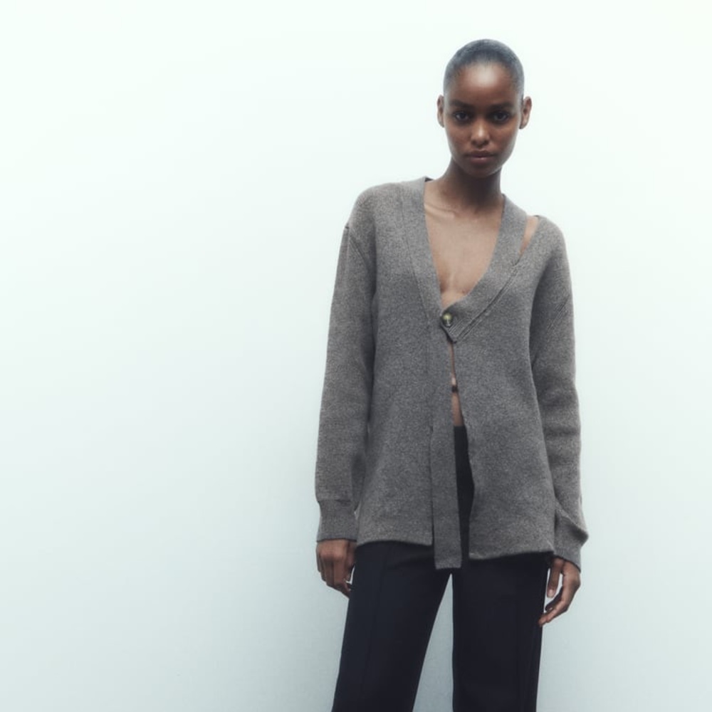 Zara Gray Cut Out Knit Wool Cashmere Blend Cardigan